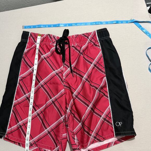 OP Men’s Plaid Swim Trunks Red Black L 36-38 Drawstring Board Shorts Lined - Picture 2 of 6